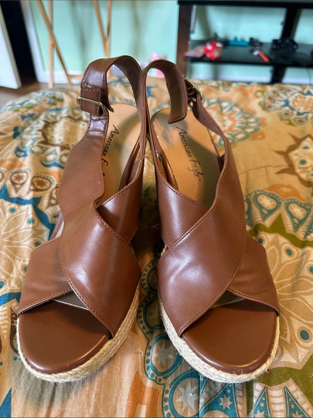 American Eagle Tan Leather-Look Espadrille Wedge Heel Sandals - Size 10
